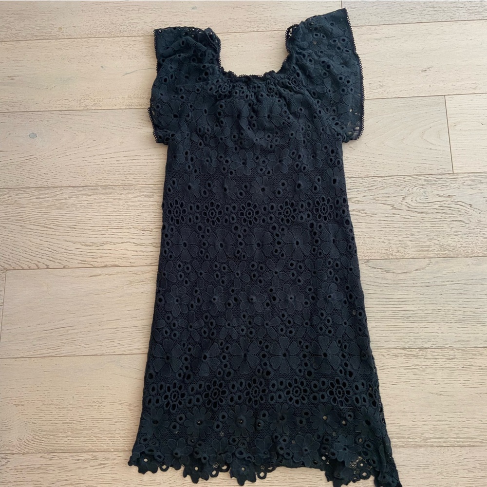Black Eyelet Dress Size Medium Ruffle Neckline Cotton Lined Summer Dress - Picture 3 of 8